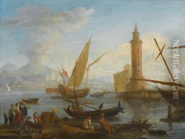 A Mediterranean Harbour With Elegant Figures On The Quay And Fishermen With Their Nets Oil Painting - Adriaen Manglard