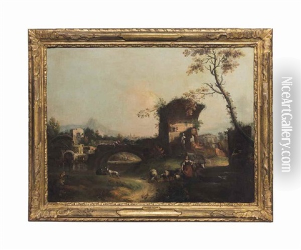 An Italianate Landscape With Classical Ruins, With Elegant Figures Conversing Beside A Statue; And An Italianate River Landscape With A Drover, Cattle And Sheep At A Fountain, Ruin Beyond (pair) Oil Painting - Antonio Diziani