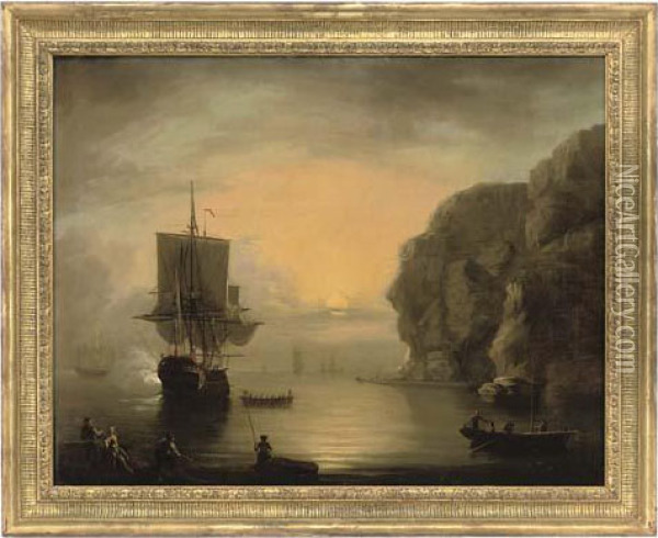A British Frigate And Other Ships In A Calm, At Sunset Oil Painting - Claude-joseph Vernet