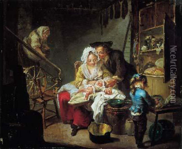 Scene De Famille Pres D'une Fileuse Oil Painting - Johann Georg Wille