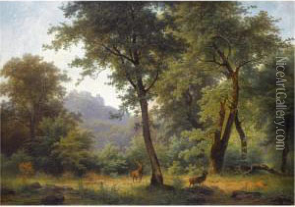Waldlandschaft Mit Reh (forest Landscape With Deer) Oil Painting - Joseph Holzer