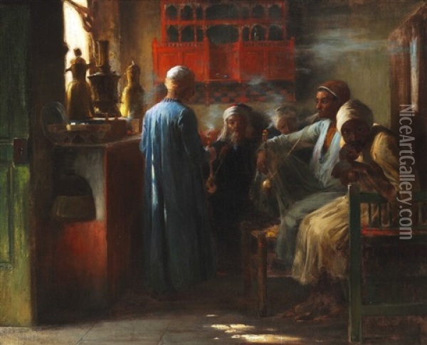 Interior From A Cafe With Orientals Smoking Waterpipes Oil Painting - Eva Bonnier