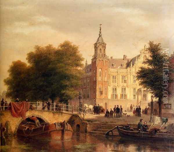 A Sunlit Townview With Figures Gathered On A Square Along A Canal Oil Painting - Bartholomeus Johannes Van Hove
