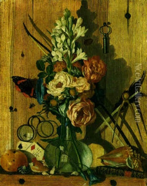 Trompe L'oeil Still Life Of A Vase Of Flowers, Shells, And A Book, With Eyeglasses, A Key And Other Objects Tacked To A Wooden Wall Oil Painting - Antonio Gianlisi