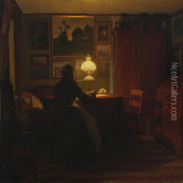 Interior With Womanreading By The Lamp Oil Painting - Karl Jensen