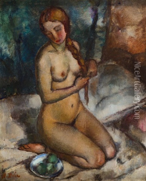Nude With Green Apples Oil Painting - Miron Duda