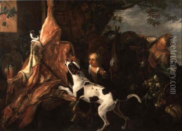 Ein Hund Und Eine Katze Machen Sich Einen Ausgeweideten Ochsen Streitig Oil Painting - Adriaen de Gryef
