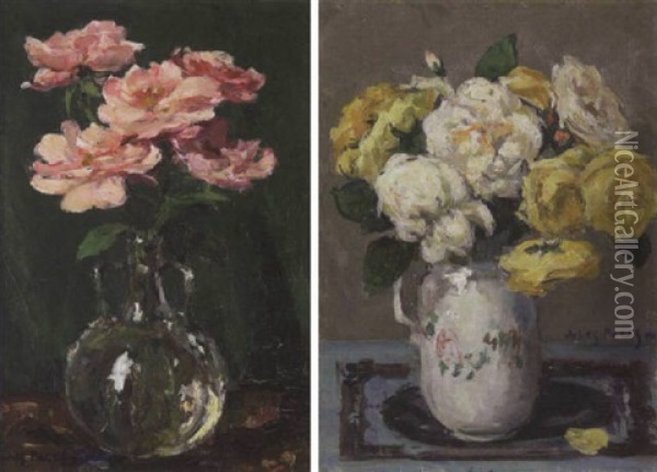 A Still Life Of Roses In A Glass Vase Oil Painting - Jules Eugene Pages