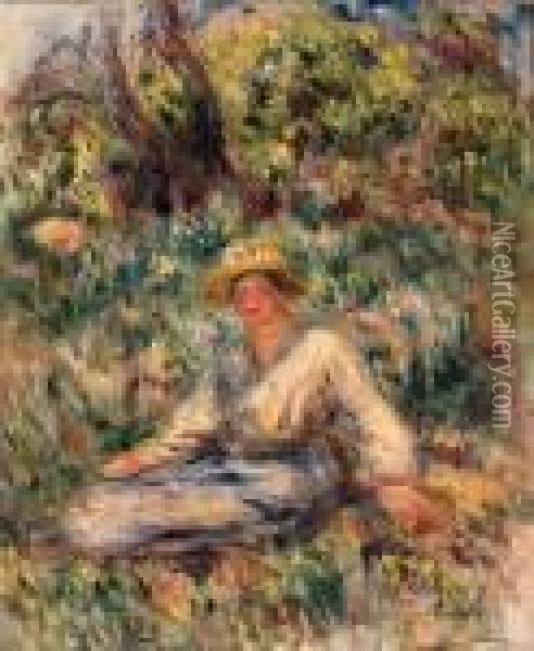 Femme En Bleu Dans Un Paysage (woman In Blue In A Landscape) Oil Painting - Pierre Auguste Renoir