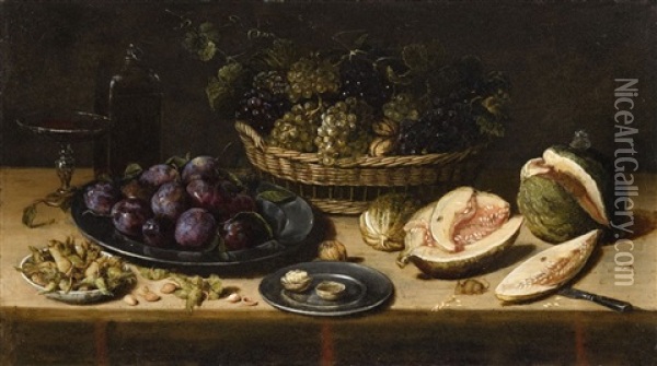 Still Life With Plums, Hazelnuts, Grapes And Melons Oil Painting - Jan van Kessel the Elder