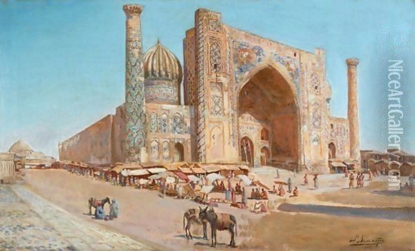 The Shir-Dor Mosque, Samarkand Oil Painting - Richard Karlovich Zommer
