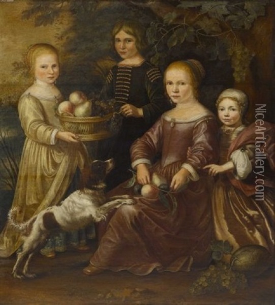 Vier Kinder Mit Hund Bei Einem Weinstock Oil Painting - Gillis Gillisz. de Berch