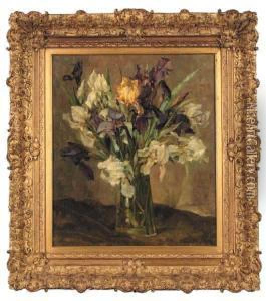 Irises In A Vase On A Table Oil Painting - Lena Cornelia Ten Bosch