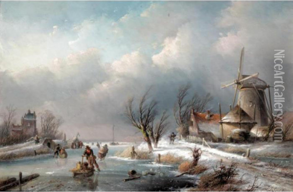 Skaters On A Frozen River Oil Painting - Jan Jacob Coenraad Spohler