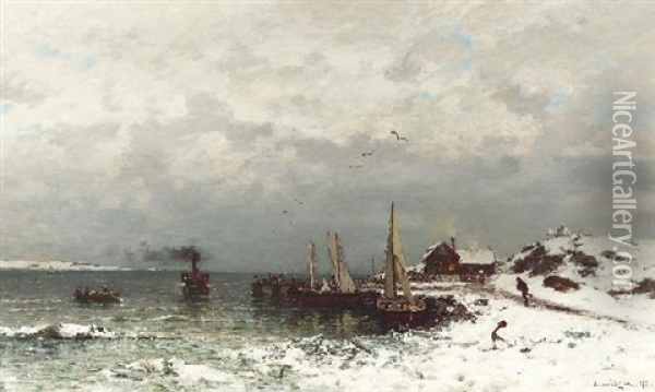 Kleiner Fischerhafen An Verschneiter Skandinavischer Kuste Oil Painting - Axel Wilhelm Nordgren