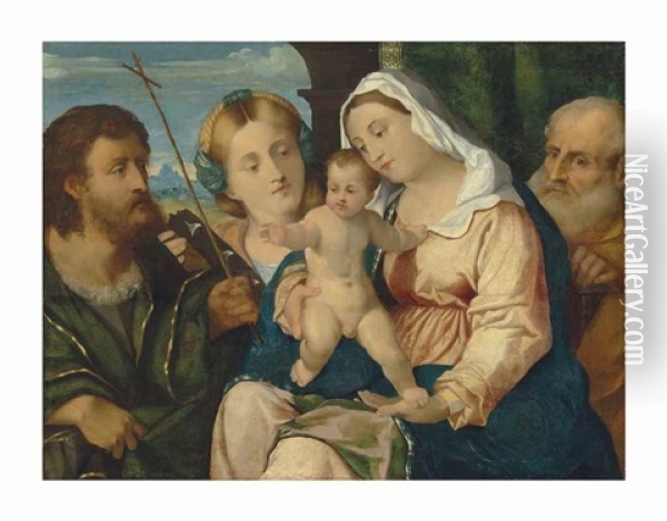 The Holy Family With Saint John The Baptist And Saint Catherine Of Alexandria Oil Painting - Jacopo Palma il Vecchio