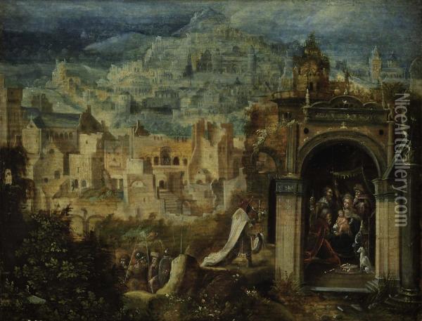 An Extensive Landscape With The Adoration Of The Magi Oil Painting - Herri met de Bles