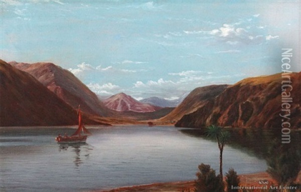 South Island Lake Scene With A Sail Boat Oil Painting - John Gibb
