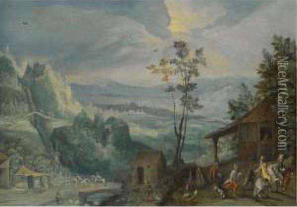 An Extensive Landscape With Villagers In The Foreground Oil Painting - Anton Mirou