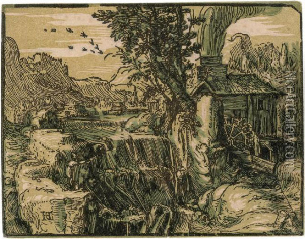 Landscape With Waterfall Oil Painting - Hendrick Goltzius