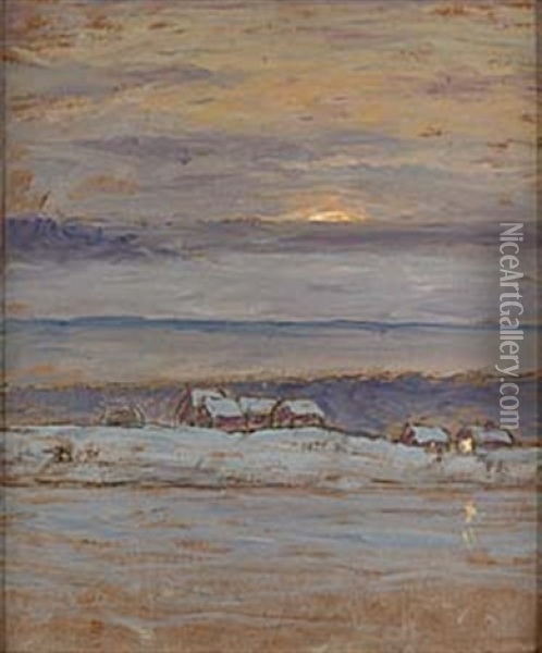 Vintersolnedgang Over Hus Oil Painting - Per Ekstroem