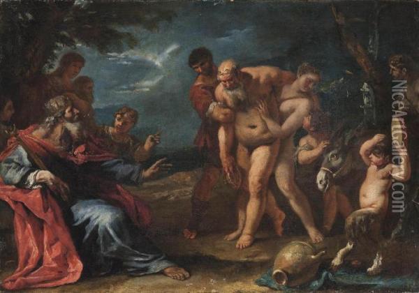 The Drunken Silenus Brought Before King Midas: A Modello Oil Painting - Sebastiano Ricci