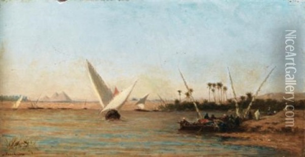 Felouques Sur Le Nil Avec Les Pyramides A L'arriere-plan Oil Painting - Narcisse Berchere