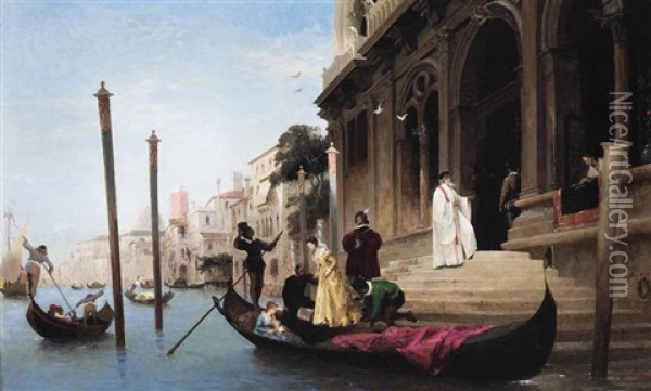 Boarding A Gondola, Venice Oil Painting - Louis Claude Mouchot