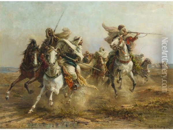 Bedouins Taking Aim Oil Painting - Adolf Schreyer