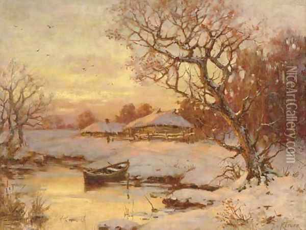 River Landscape at Sunset Oil Painting - Iulii Iul'evich (Julius) Klever