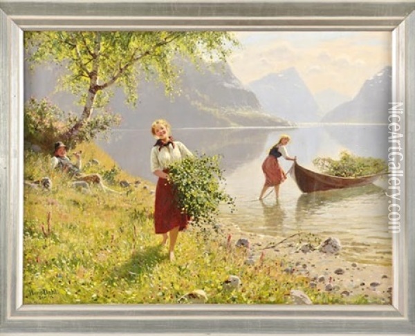 Sommerliche Fjordlandschaft Mit Birkenzweigen Sammelnden Madchen Oil Painting - Hans Dahl