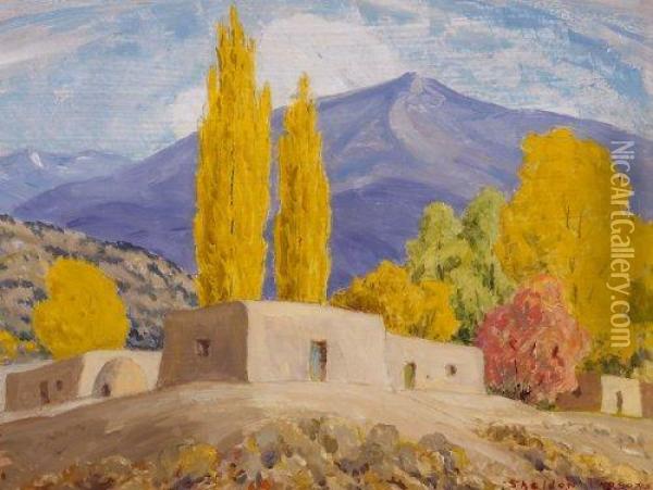 Adobes And Poplars In Fall, New Mexico Oil Painting - Sheldon Parsons