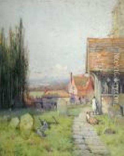 Two Girls Playing In The Churchyard Oil Painting - Mary S. Hagarty
