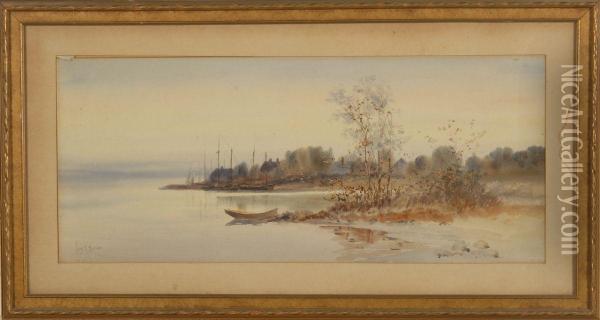 Panoramic Coastal Landscape With Moored Vessel In A Cove Oil Painting - Louis Kinney Harlow
