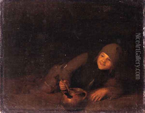 A young boor reclining, eating from an earthenware bowl Oil Painting - Pieter Harmansz Verelst