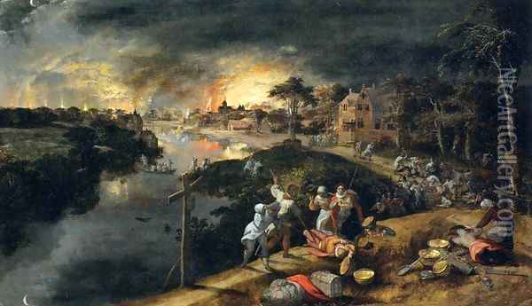 Scene of War and Fire Oil Painting - Gillis Mostaert