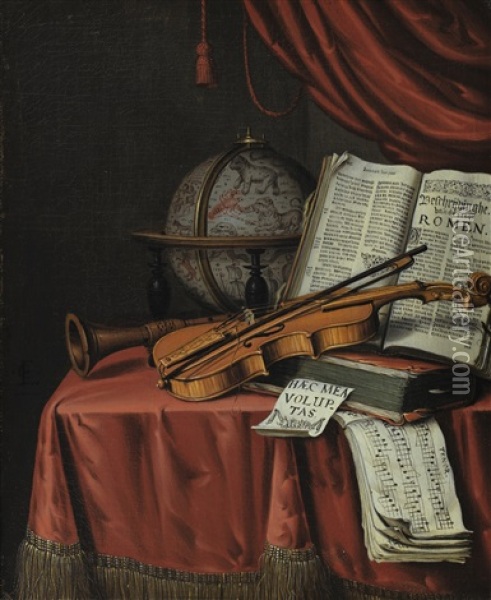 Nature Morte Aux Instruments De Musique, Globe Et Livres Oil Painting - Edward Collier