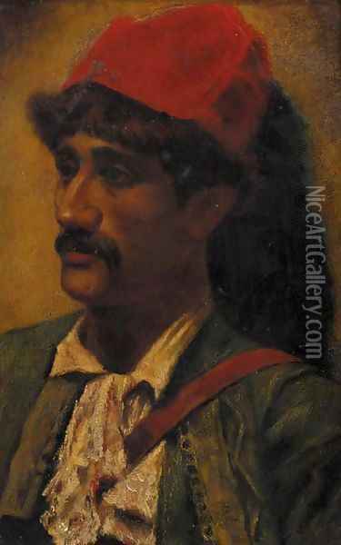 Portrait of a man in a red turban Oil Painting - Frederick Goodall
