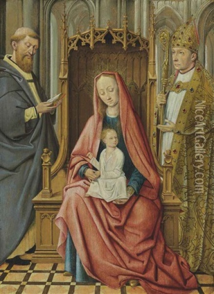 The Virgin And Child Enthroned With Saint Anthony Abbot And A Bishop Saint Oil Painting - Petrus Christus