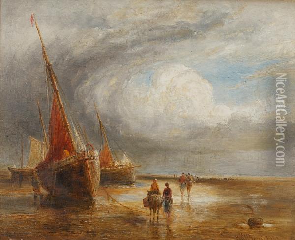 Beached Fishing Boats, Figures On Theshore Oil Painting - William Joseph Caesar Julius Bond