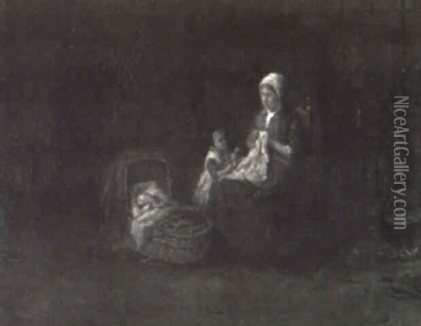 A Mother Sewing With Her Children Oil Painting - Bernard de Hoog