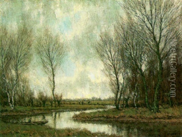 Polder Landscape With Fisherman Oil Painting - Arnold Marc Gorter