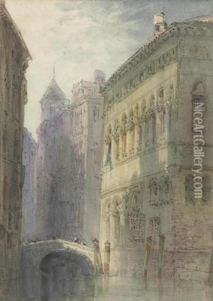 Figures Crossing A Bridge, Venice Oil Painting - William Callow