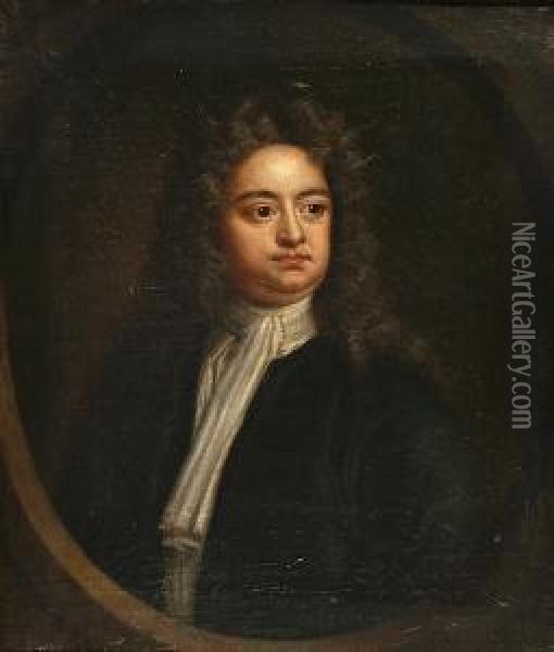 A Portrait Of Sir Richard Steele, Bust Length Within A Painted Oval Oil Painting - Richardson. Jonathan