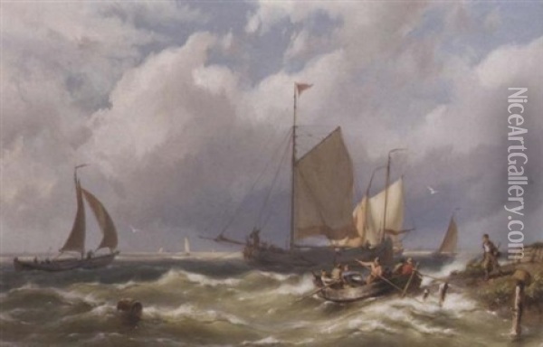 Shipping On Choppy Waters By A Coast Oil Painting - Johannes Hermanus Barend Koekkoek
