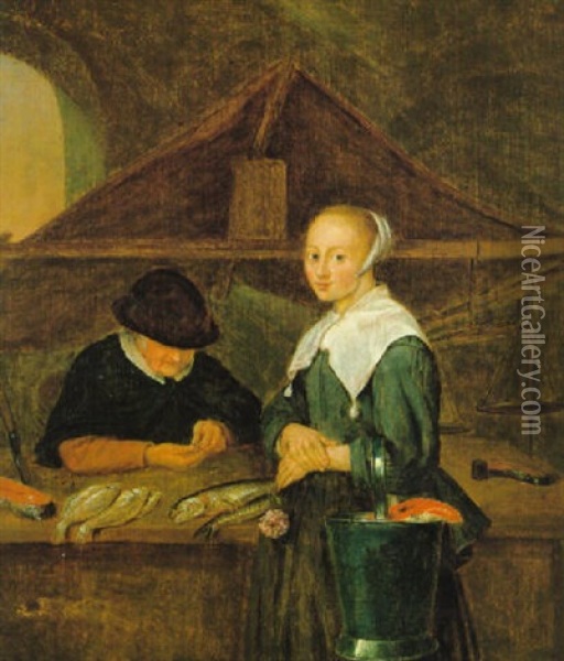 Junge Magd Bei Der Fischhandlerin Oil Painting - Quiringh Gerritsz van Brekelenkam
