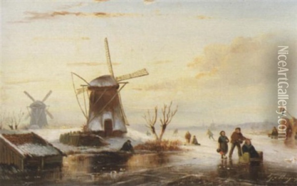 Winterliche Abendstimmung Auf Einem Hollandischen Kanal Oil Painting - Albert Jurardus van Prooijen