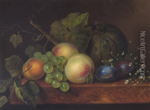Obstilleben Mit Melone, Pfirsich Und Weintrauben Oil Painting - Johanna Maria Pieternella Heijmans