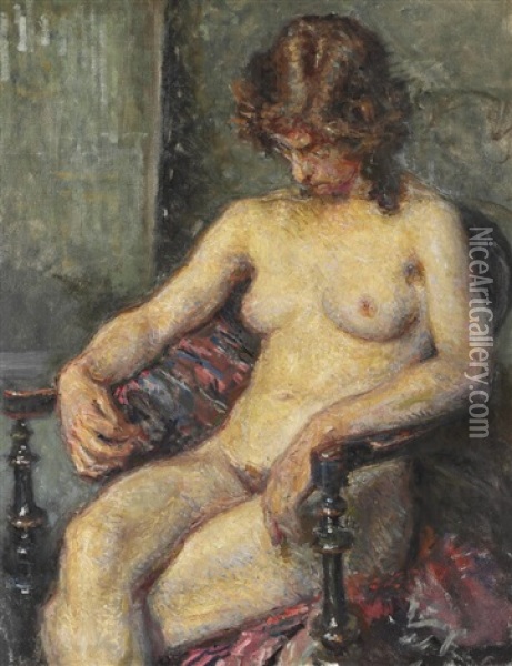 A Nude Female Model Sitting On A Chair Oil Painting - Viggo Johansen