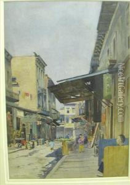 An Oriental Streetmarket, Watercolour, Signed, 34cm X 24cm Oil Painting - Stanley Inchbold